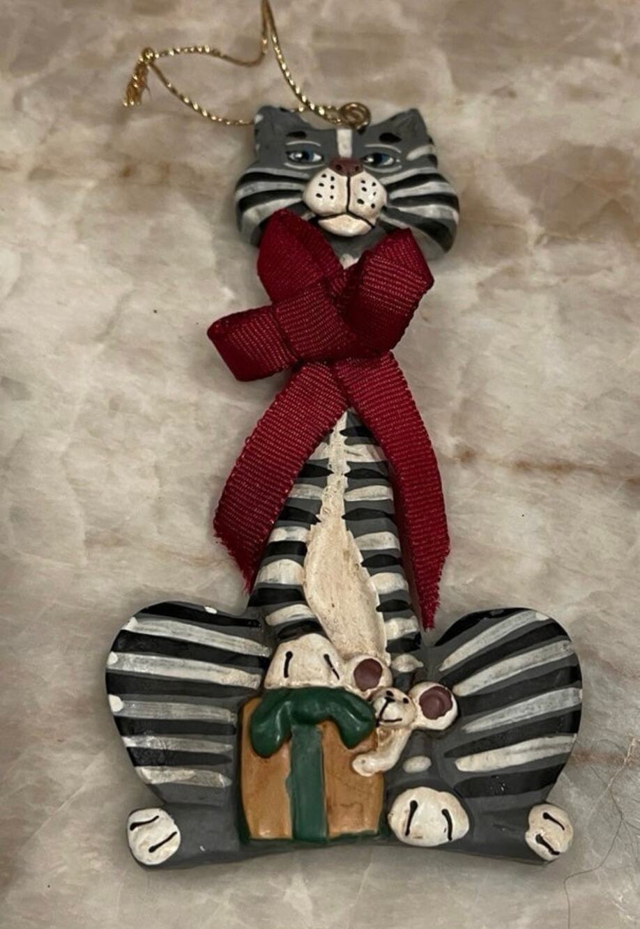 Vintage Kurt Adler striped tabby cat Christmas ornament resin wood look